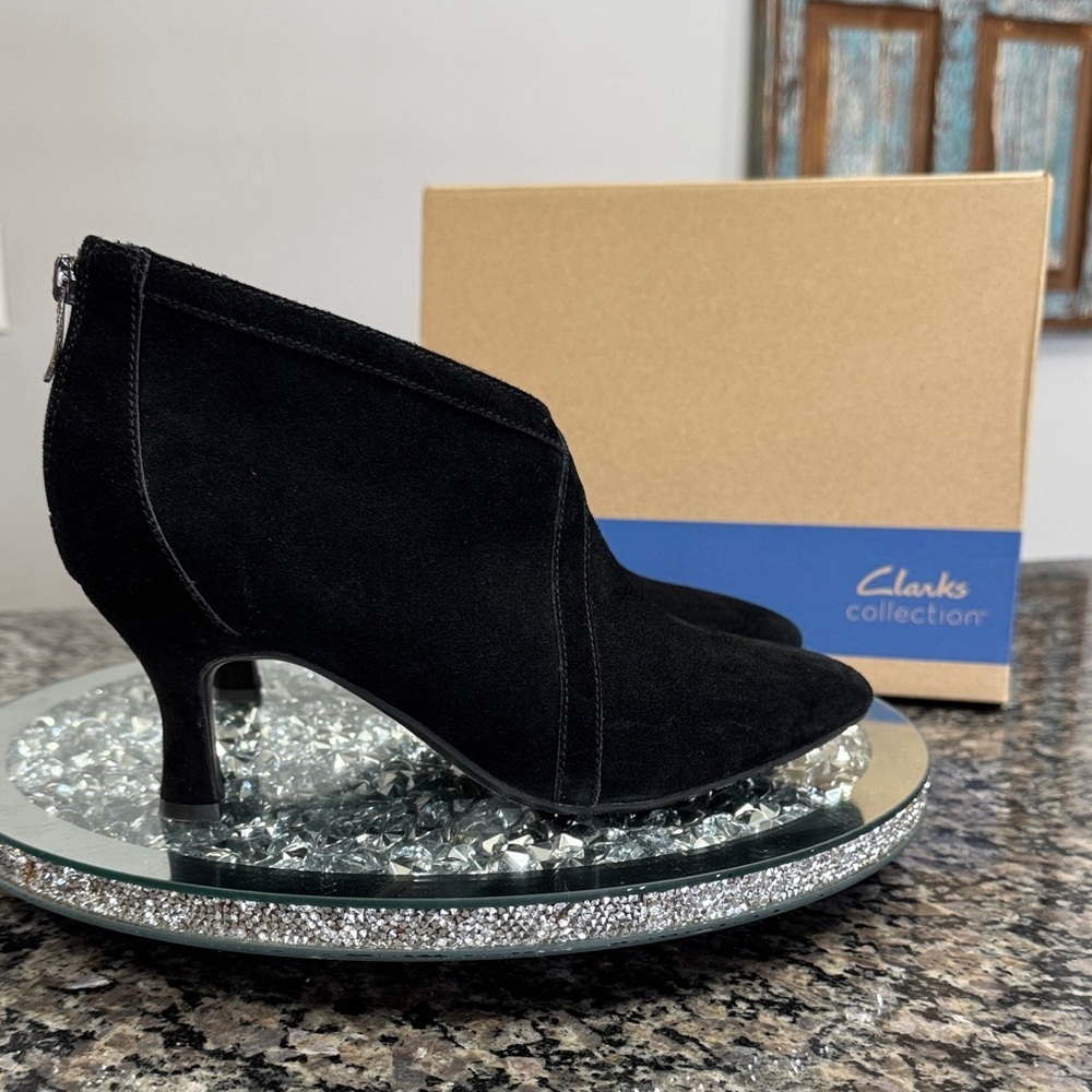 Clarks Black Suede Heeled Boots NWT 8.5